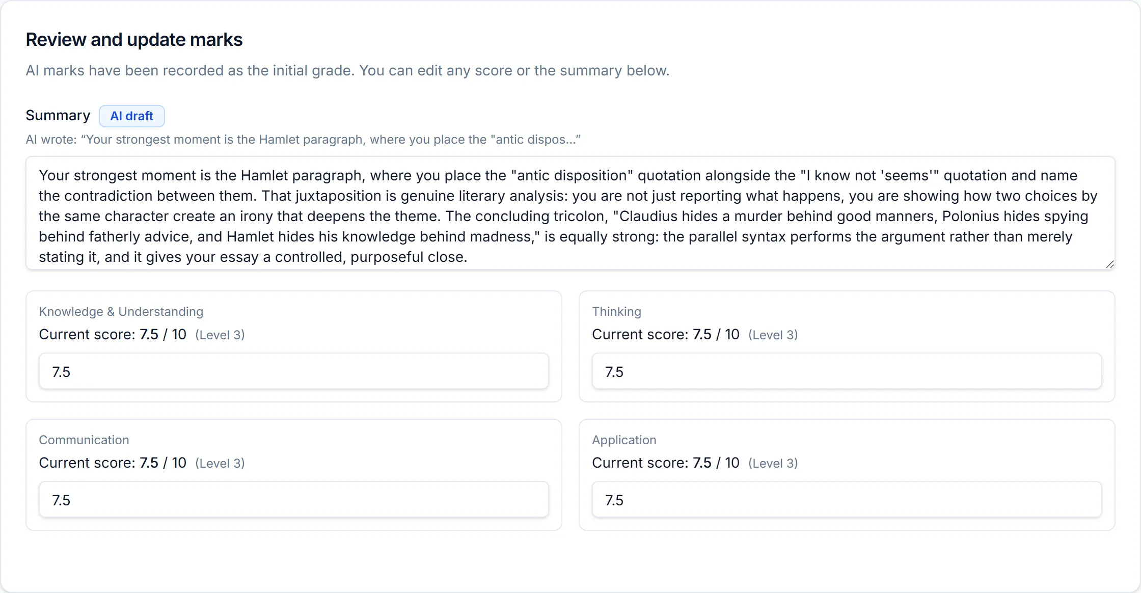 An essay scored per Ontario category — Knowledge, Thinking, Communication and Application — each showing the AI's mark out of 10 and its achievement level in an editable box.