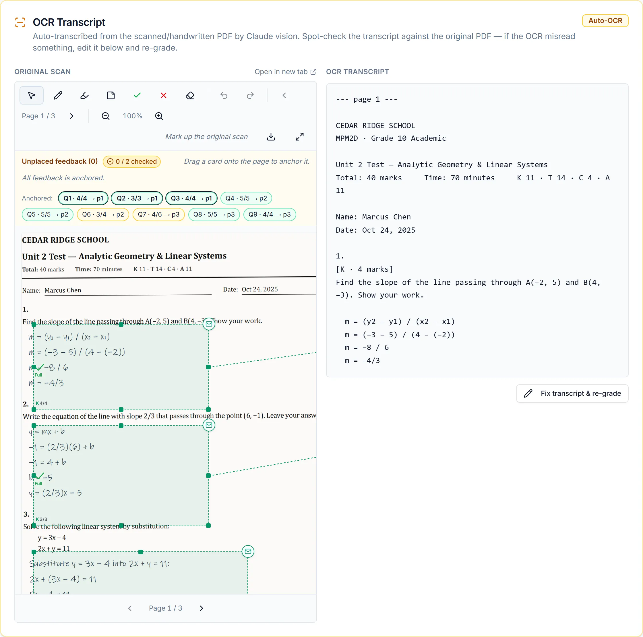A scanned handwritten page beside the AI's editable transcript of it, with a button to correct the transcript and re-grade.